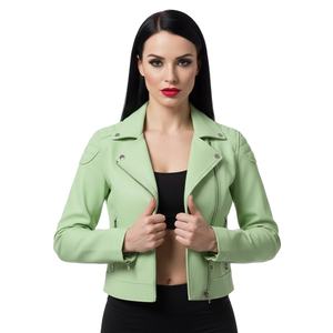Veste de moto en cuir vert clair en gros, prix d'usine personnalisé, cuir véritable, style motard, manteau pour femmes - Product Image 1