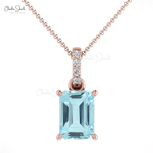 Pendentif octogonal en aquamarine 7x5mm de fabricants asiatiques, en or fin 14 carats avec accent de diamant, fournisseurs directs en gros - Product Image 1