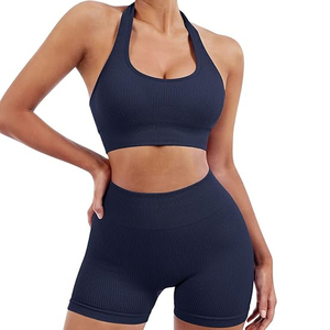 Ensemble de sport côtelé sans couture pour femme, short cycliste taille haute froncé aux fesses et brassière de sport, tenue de yoga et de gym, ensemble 2 pièces - Product Image 1