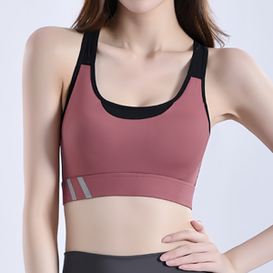 Soutien-gorge de sport bordeaux pour femme avec bordure noire et rayures argentées, soutien moyen pour l'entraînement - Product Image 1