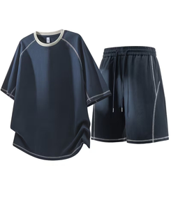 Men Solid <b>Navy</b> Blue Crew Neck T-Shirt Set Breathable Quick Dry Knitted 180g Shorts Casual Summer Outfit - Product Image 3