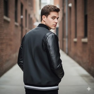 Veste de style universitaire MCM - Manches en laine et cuir véritable - Bomber brodé - Product Image 1