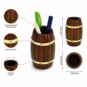 Handcrafted Indian Rosewood <b>Pen</b> Holder Desk Organizer | Rustic Wooden Wine Barrel <b>Pen</b> Stand for Office Table Home Decor Gift - Product Image 5