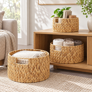 Paniers de rangement cylindriques modernes et écologiques en jacinthe d'eau tressée à la main avec poignées découpées, pour l'organisation des étagères, lot de 3 - Product Image 5