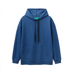 Sweat-shirt à capuche décontracté pour femme, bleu uni, à épaules tombantes, avec poche kangourou, fabricant OEM - Product Image 1
