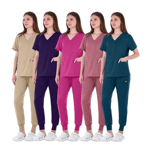 Tenues d'hôpital en polyester tricoté à taille haute pour femmes, ensembles de joggers à manches courtes avec logo personnalisé - Product Image 6