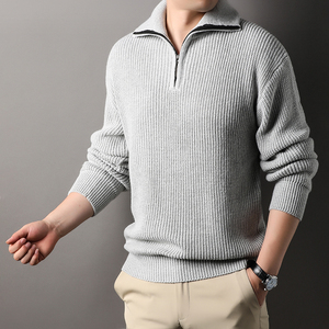 Pull en laine 100% pour homme, tricoté épais, avec fermeture éclair 1/4, col rabattu, couleur unie, vêtements d'hiver - Product Image 4