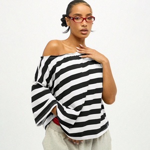 Nouveau T-shirt femme 2026 à épaules dénudées, couleur unie, respirant, 100 % coton, broderie jersey, décontracté, manches courtes, à rayures - Product Image 1