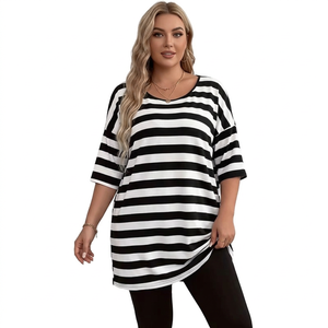 <b>Women's</b> Black White Striped Loose Fit Jersey Tunic Top Three Quarter Sleeve O Neck Casual <b>Long</b> Anti-Wrinkle Eco-Friendly All - Product Image 1