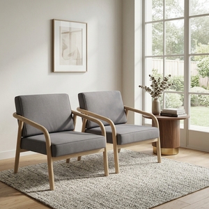 Fauteuil lounge moderne de style mid-century en bois massif, fauteuil en teck naturel avec revêtement en tissu gris, fauteuil d'appoint pour salon - Product Image 2