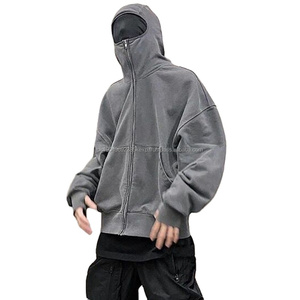 Chaqueta personalizada al por mayor de alta calidad vintage lavado con ácido oversize hombro caído chaqueta gris para hombre medio cuello cremallera Sudadera con capucha - Product Image 1