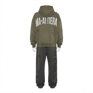 Ensemble survêtement homme personnalisé vert olive vieilli avec sweat à capuche et pantalon de jogging noir en molleton de coton, style streetwear, vente en gros OEM - Product Image 3