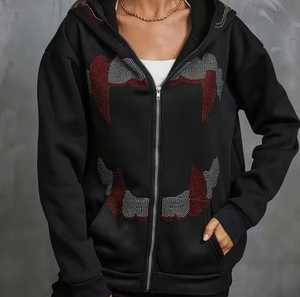 Sweat-shirt à capuche zippé pour femme, coupe oversize, motif dents en strass, style streetwear, en coton tricoté, pour l'automne - Product Image 4