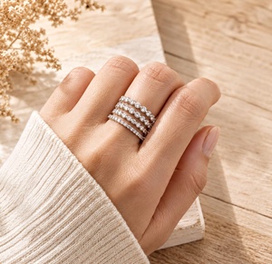 Lab Grown Diamond 1 Carat Round Cut Solid Gold 10K 14K 18K <b>Thin</b> Stackable Pave Setting Wedding Anniversary Band for Women - Product Image 4