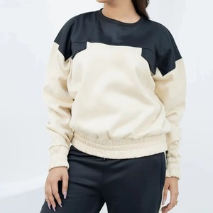 Sudadera Beige para Mujer con Bloques de Color, Cuello Redondo, Manga Larga, Corte Holgado, Ropa Casual de Otoño, 100% Poliéster, Peso Medio - Product Image 1