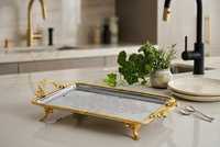 Plateau de service antique en laiton avec poignées, plateau à thé et à café argenté avec pieds, style ottoman, décoration de luxe pour la maison, cadeaux