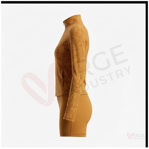 Ensemble de yoga 2 pièces pour femme, marron caramel, veste à manches longues zippée à col montant imprimé et short - Product Image 3
