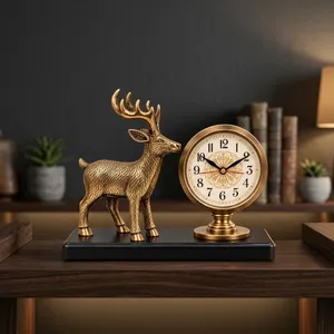 Horloge de table en métal de luxe avec finition bronze antique, figurine de cerf, horloge de bureau analogique classique pour salon, bureau, étagère - Product Image 3