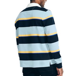 เสื้อเจอร์ซีย์ถักลายทางแขนสั้นสำหรับผู้ชาย ทรงปกติ ดีไซน์ลำลอง คอสูง ระบายอากาศได้ดี ผ้าฝ้าย 100% สีน้ำเงินเหลือง - Product Image 2