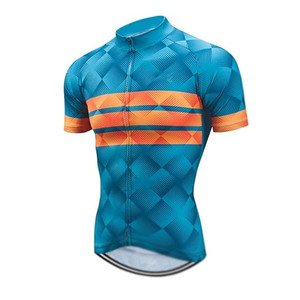 Ensemble de maillot de cyclisme pour hommes, imprimé géométrique, manches courtes, bleu orange, respirant, coupe sportive d'été - Product Image 4