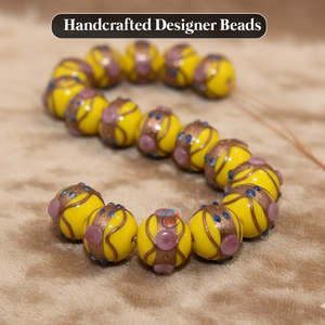 Perles de verre jaunes de style Murano, 16 mm |   Perles décoratives à pois bleus et accents floraux roses, longueur de brin de 8 pouces pour bijoux - Product Image 2