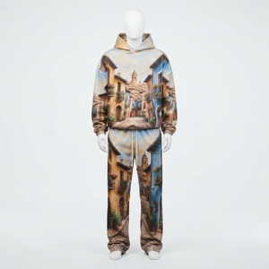 Conjunto de Chándal para Hombre con Sudadera con Cremallera y Estampado Urbano y Pantalones de Pierna Ancha, en Beige, Azul y Marrón, Estilo Urbano Personalizado - Product Image 3