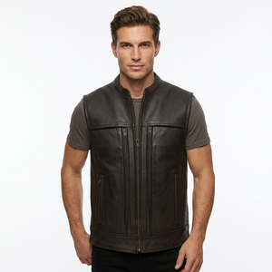 Chaleco de Motociclista de Cuero Genuino para Hombre, Cuello Alto, Cierre de Cremallera, Color Sólido, Ropa de Abrigo para Otoño - Product Image 1