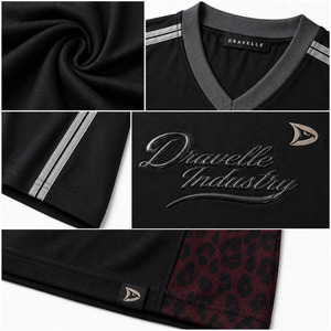 Maillot de football oversize Y2K pour homme OEM, col en V noir, style rétro hip-hop streetwear, avec empiècements color block léopard bordeaux et argenté - Product Image 6