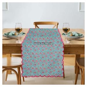 Indian Hand Block Floral Print 100% Cotton Embroidery Edge <b>Table</b> <b>Runner</b> Modern Farmhouse <b>Wedding</b> Home Outdoor Decor For <b>Wedding</b> - Product Image 1
