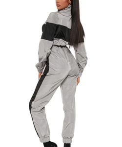 Survêtement color block pour femme gris et noir avec fermeture éclair, coupe régulière, coupe-vent en satin, idéal pour le printemps - Product Image 2