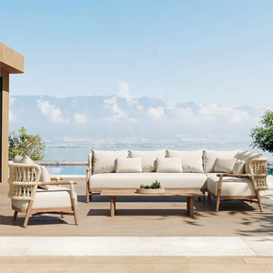 Juego de Sofás de Madera de Teca Premium para Exteriores con Sillones de Cuerda Tejida, Cojines Color Crema y Mesa de Centro para Patio, Jardín o Resort - Product Image 1