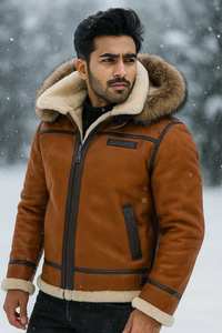 Custom Men’s B3 <b>Bomber</b> <b>Jacket</b> Brown <b>Shearling</b> Sheepskin Leather <b>Jacket</b> with Real Fox Fur Hood – Winter Warm Aviator Flight Coat - Product Image 4