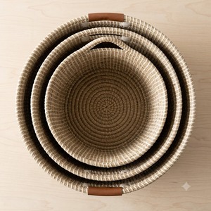Natural Rattan Eco-Friendly <b>Storage</b> <b>Basket</b> with Leather Handles <b>Round</b> Shape Multi-Purpose Organizer for Living Room - Product Image 4