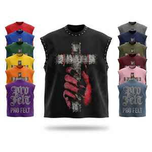 Heavy Weight Custom <b>Logo</b> Embroidery Sleeveless Tank Top Gothic Print Streetwear Shirt Punk Rock Vintage Graphic T Shirts Men's - Product Image 1