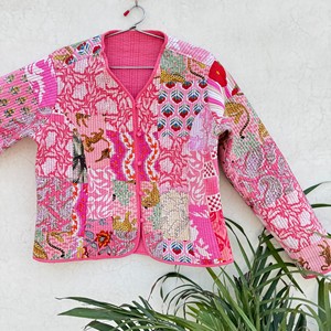 Pink Quilted Jacket Women's Full Sleeve V-Neck Printed <b>Cardigan</b> Spring Outerwear Full Sleeve Eco Friendly Outerwear - Product Image 5