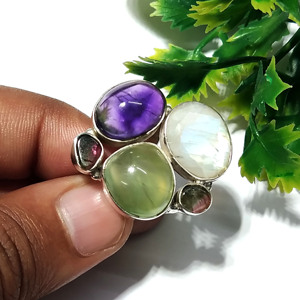 Natural Moonstone Prehnite Amethyst Tourmaline Gemstone <b>Ring</b> 925 Sterling Silver Handmade Multi Stone Wedding Engagement - Product Image 1