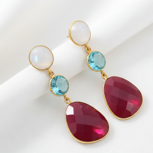 Boucles d'oreilles pendantes en argent 925 plaqué or 18 carats avec pierres fantaisie rondes blanches et bleues arc-en-ciel, bijoux faits à la main en gros - Product Image 2