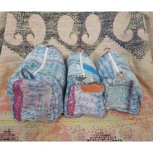 Vintage Kantha Print Cotton <b>Pouches</b> Set of 3 with Zipper Closure Large Size for Travel & Cosmetic Storage - Product Image 3