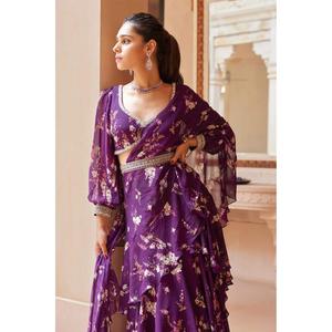 ATRACTIVA GEORGETTE ESTAMPADO FLORAL ESTILO LEHENGA SAREE DUPATTA CON BLUSA COSTADA Y CINTURÓN LAVANDA - Product Image 4