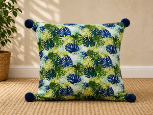 Funda de Cojín de Lujo con Estampado de Hojas Tropicales y Bordes de Pompones Hechos a Mano, Decoración Contemporánea para el Hogar, 100% Lino - Product Image 5