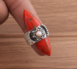 Classic Turquoise & Pearl Sterling <b>Silver</b> Handmade <b>Ring</b> for <b>Women</b> Unisex <b>Wedding</b> Party Gift - Product Image 3