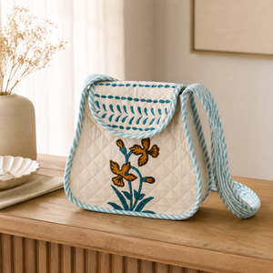 Luxury <b>Small</b> Quilted Cotton Hand Block Printed Floral Flap Bag Jaipur Sling <b>Purse</b> For Women And Girls - Product Image 4