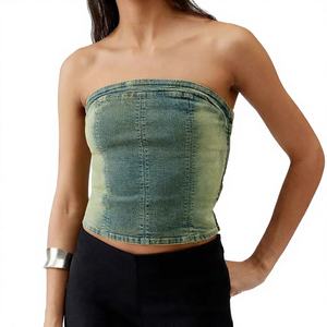 Top de Mezclilla Personalizado de Alta Calidad para Mujer, Azul Deslavado, Cuello Halter, Cuello Redondo, Dobladillo Asimétrico, Estilo Corsé - Product Image 1