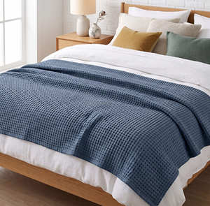 Deep Navy Cotton Bed Throw Woven <b>Blanket</b> for Contemporary Bedroom Décor Twin Size Home Furnishing - Product Image 4