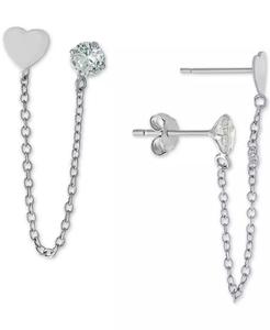 Orecchini a doppia borchia con cuore e zirconi collegati a catena in argento Sterling | Macacy's - Product Image 1