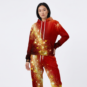 Survêtement unisexe à capuche rouge et or avec imprimé scintillant, coupe longue, décontracté, pour l'hiver, en polyester respirant, imprimé par sublimation - Product Image 5