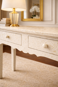 Table console décorative en bois massif avec incrustations en os, table de rangement avec tiroirs pour entrée, couloir, salon - Product Image 3