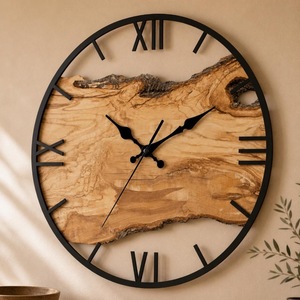 Horloge murale en bois rustique antique, design rond analogique à quartz, silencieuse, décoration de salon - Product Image 1