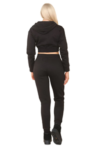 Conjunto Deportivo de Sudadera Corta Negra para Mujer, Pantalones Jogger de Algodón Premium, Ropa Deportiva para Gimnasio, Atuendo Informal de Invierno - Product Image 5