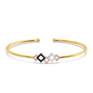 Black <b>White</b> <b>Square</b> Diamond Open Bangle with Yellow Gold <b>Frame</b> and Layered Geometric Center Design - Product Image 3